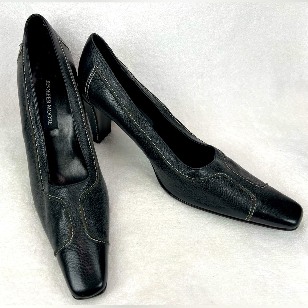 Jennifer Moore, black leather square toe heel - Picture 1 of 7